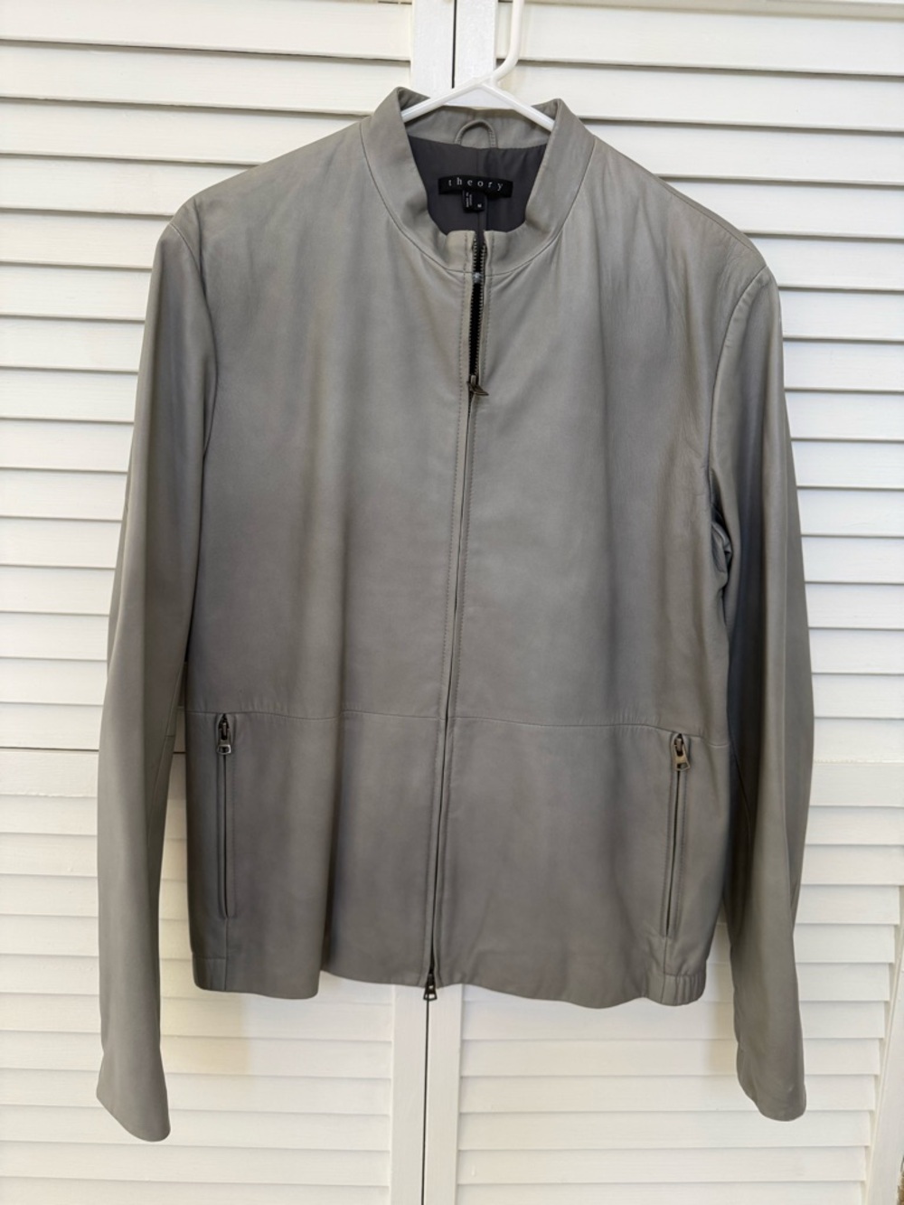 Theory Men's Light Gray Leather Bomber Jacket